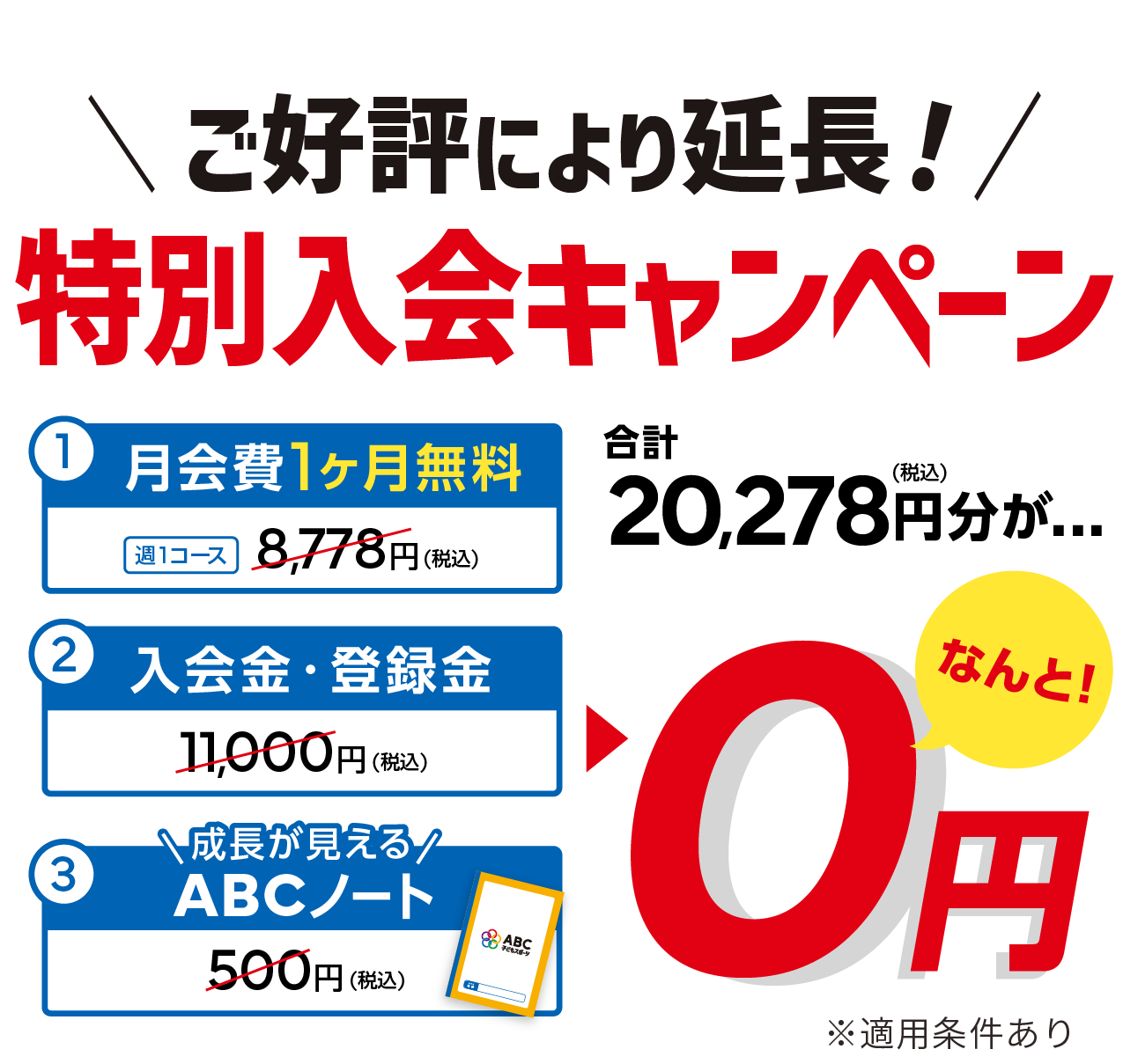 1:入会金・登録金11,000→0円 2:指定ユニフォーム3,300円→0円 3:\成長が見える/ABCノート500円→0円 合計14,800円分が→0円