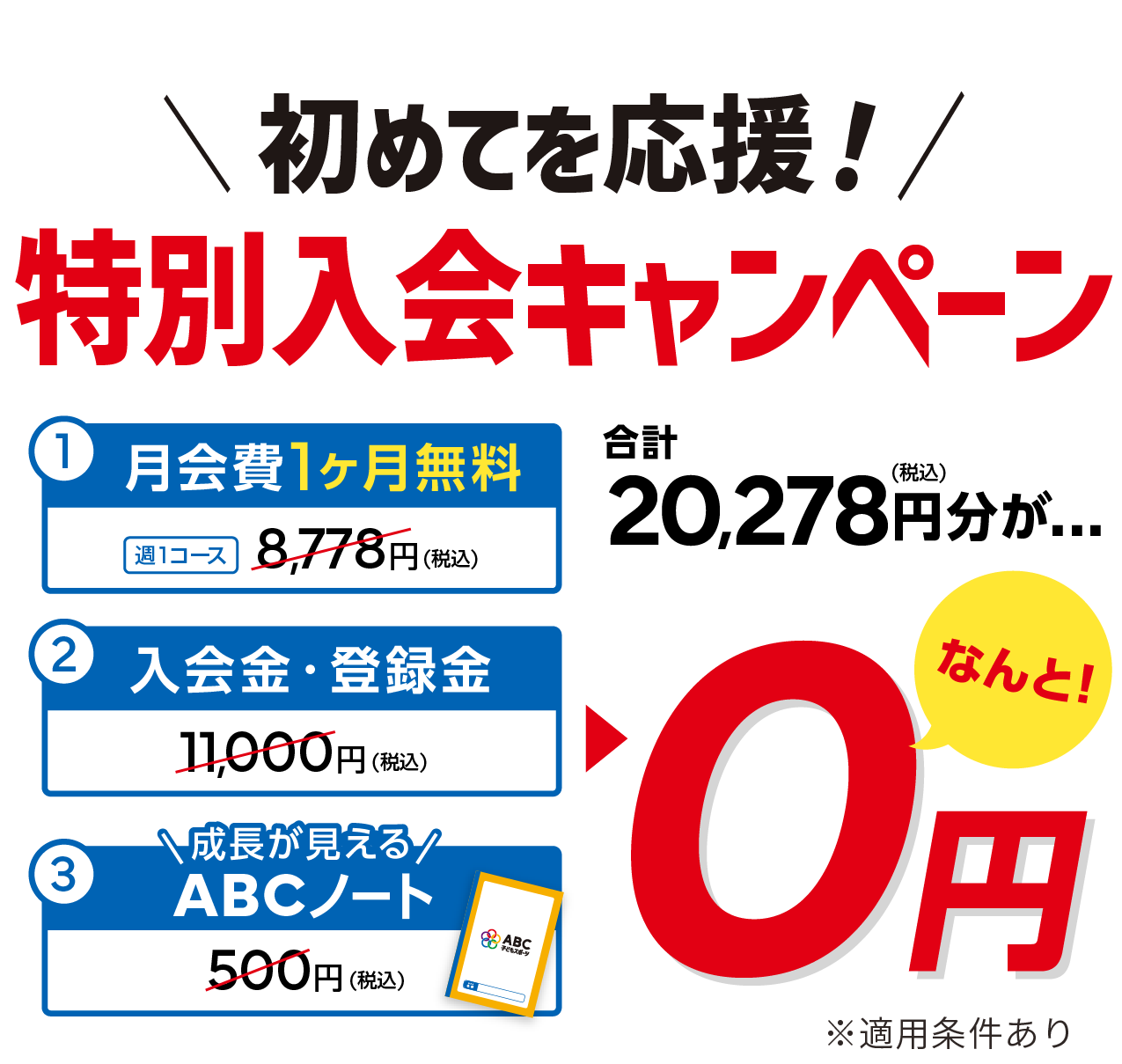 1:入会金・登録金11,000→0円　2：指定ユニフォーム3,300円→0円　3：\成長が見える/ABCノート500円→0円　合計14,800円分が→0円